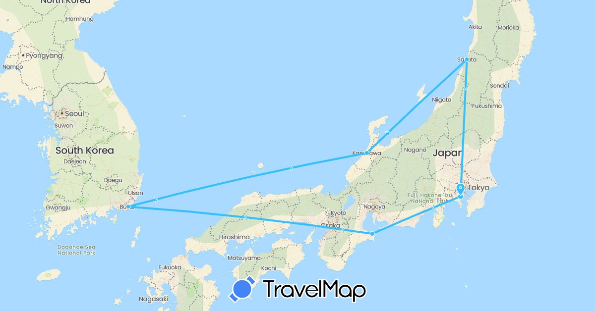 TravelMap itinerary: driving, boat in Japan, South Korea (Asia)